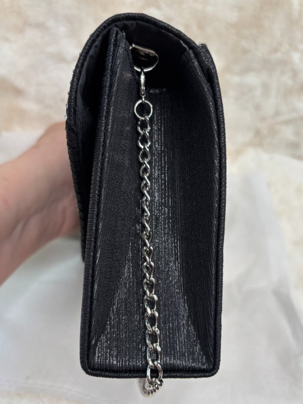Dasein Women's Black Satin W/Rhinestones Evening Clutch Purse, Crossbody - Picture 4 of 16